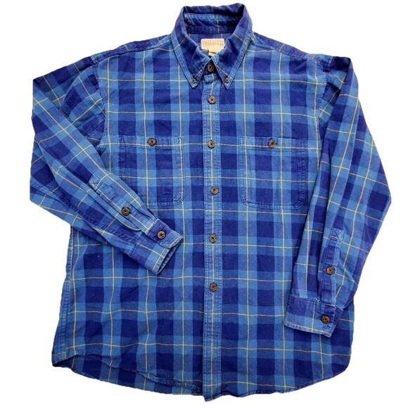 Duluth Trading Co Flannel Shirt Mens L Large Blue Plaid Long Sleeve 100% Cotton - Picture 1 of 9